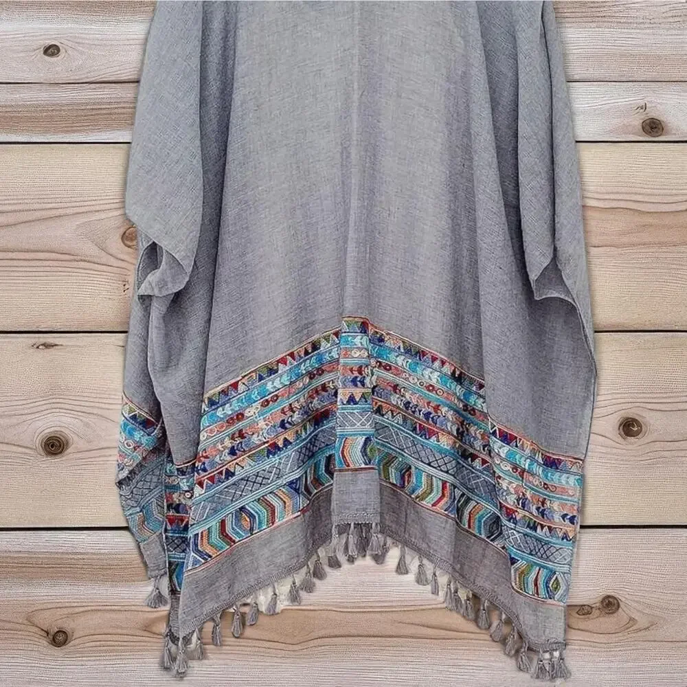 New! RAJ Aztec Embroidered Tassel Trim Beach Cover-up Boho Kimono Shawl Wrap